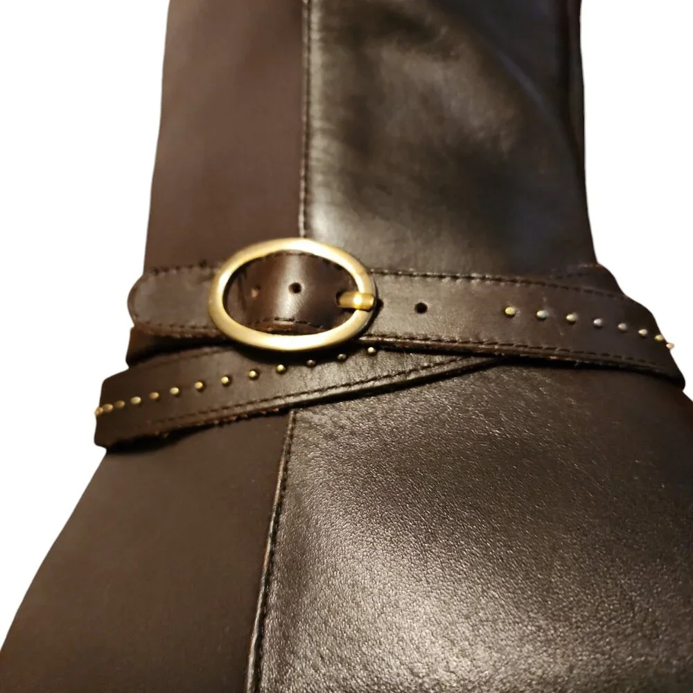 Size 9 Bandolino Cassia Tall Leather & Knit Mesh Form Fit Boots Buckle & Studs - Picture 4 of 8